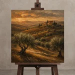 Evening Tuscan Hills Landscape Wall Art Canvas Print displayed on a studio easel