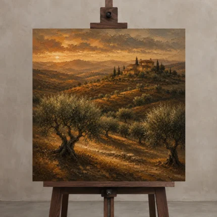 Evening Tuscan Hills Landscape Wall Art Canvas Print shown in Studio Easel