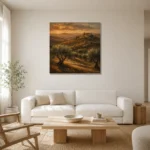 Evening Tuscan Hills Landscape Wall Art Canvas Print styled in a refined neutral interior