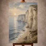 Blue gray and ivory serene Coastal Landscape Wall Art print for elegant interiors. No text or watermarks in design.