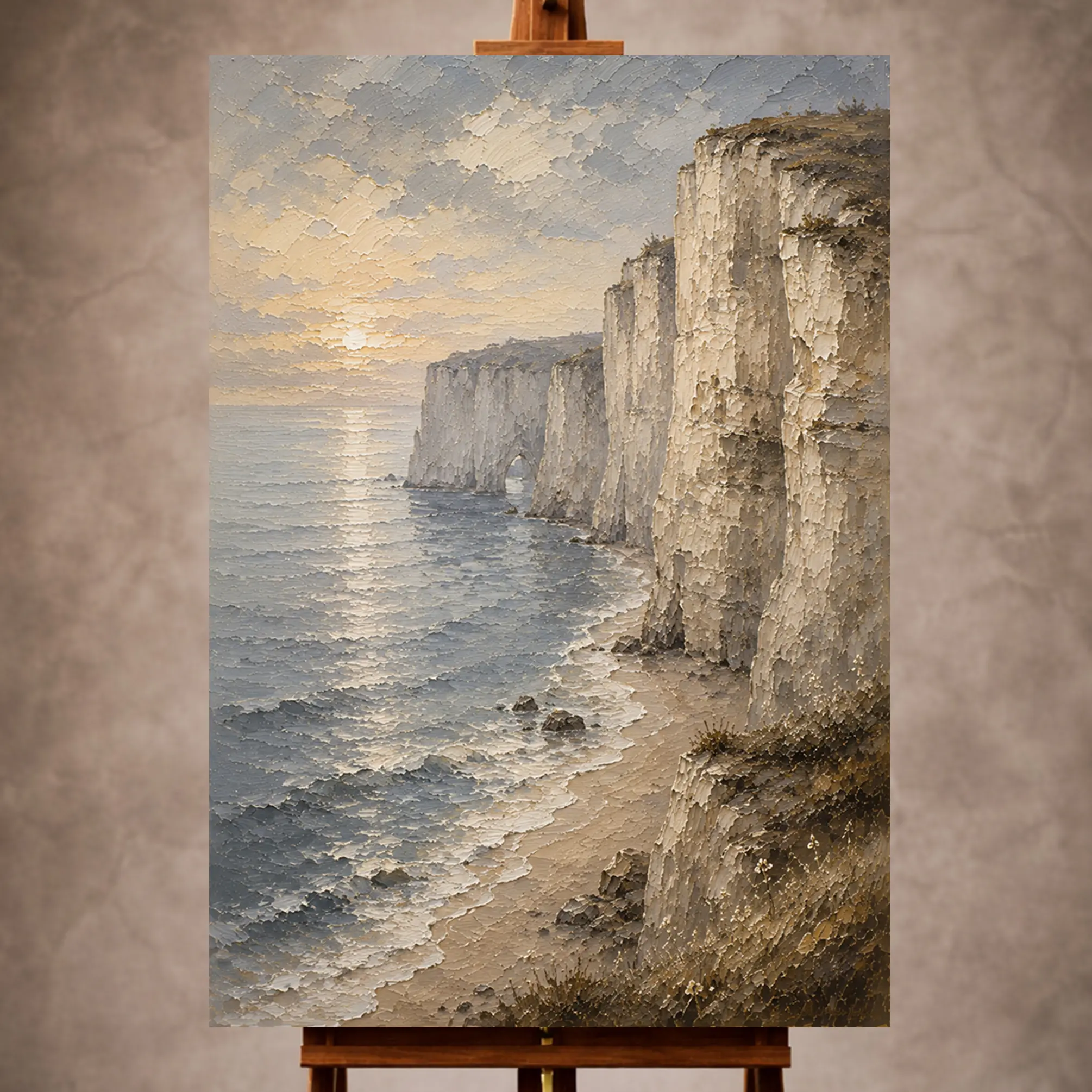 Premium Wall Art Dikey Html Edition – LANDSCPE021 Image 1 Blue gray and ivory serene Coastal Landscape Wall Art print for elegant interiors. No text or watermarks in design.