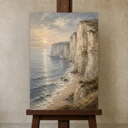 Blue Gray Coastal Landscape Wall Art Canvas Print shown in Studio Easel