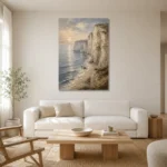Blue Gray Coastal Landscape Wall Art Canvas Print styled in a refined neutral interior