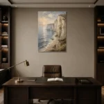 Blue Gray Coastal Landscape Wall Art Canvas Print displayed in a contemporary gallery-inspired room
