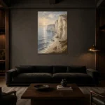 Blue Gray Coastal Landscape Wall Art Canvas Print shown in a warm modern interior