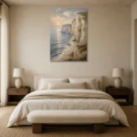 Blue Gray Coastal Landscape Wall Art Canvas Print showcased in an elegant minimalist interior