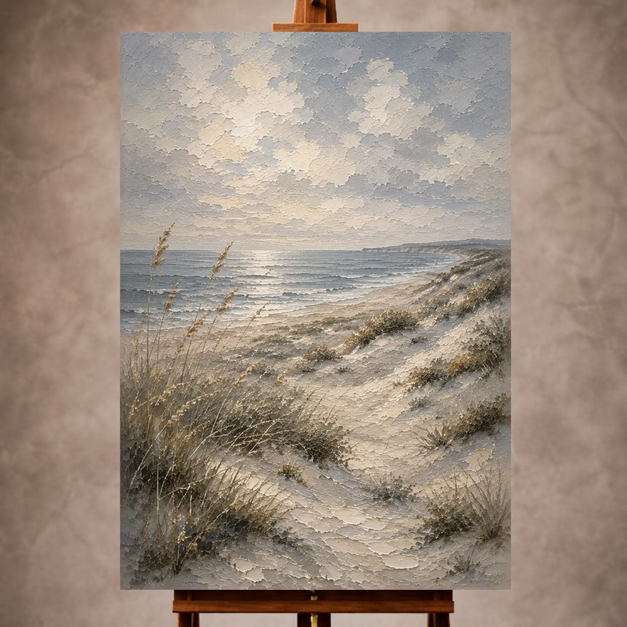 Premium Wall Art Dikey Html Edition – LANDSCPE022 Image 1 Blue gray and sand Coastal Landscape Wall Art print for elegant interiors. No text or watermarks in design.