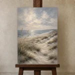 Blue Gray Coastal Dune Coastal Landscape Wall Art Canvas Print displayed on a studio easel