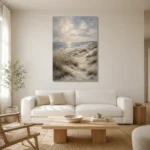 Blue Gray Coastal Dune Coastal Landscape Wall Art Canvas Print styled in a refined neutral interior