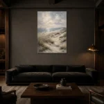 Blue Gray Coastal Dune Coastal Landscape Wall Art Canvas Print shown in a warm modern interior