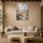 Blue Gray Coastal Dune Coastal Landscape Wall Art Canvas Print presented in a sophisticated home setting