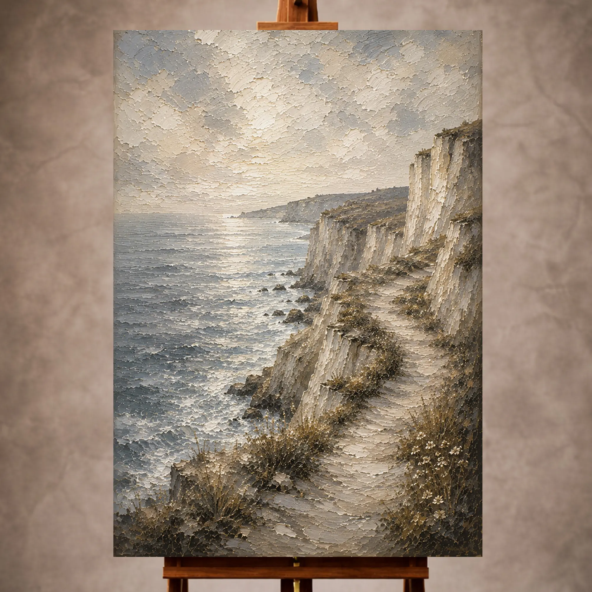 Premium Wall Art Dikey Html Edition – LANDSCPE023 Image 1 Blue gray and ivory contemplative Coastal Landscape Wall Art print for elegant interiors. No text or watermarks in design.