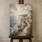 Blue Gray Cliffside Coastal Landscape Wall Art Canvas Print displayed on a studio easel