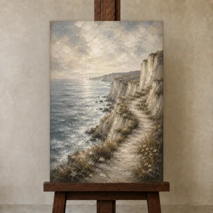 Blue Gray Cliffside Coastal Landscape Wall Art Canvas Print shown in Studio Easel