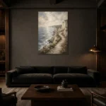 Blue Gray Cliffside Coastal Landscape Wall Art Canvas Print shown in a warm modern interior