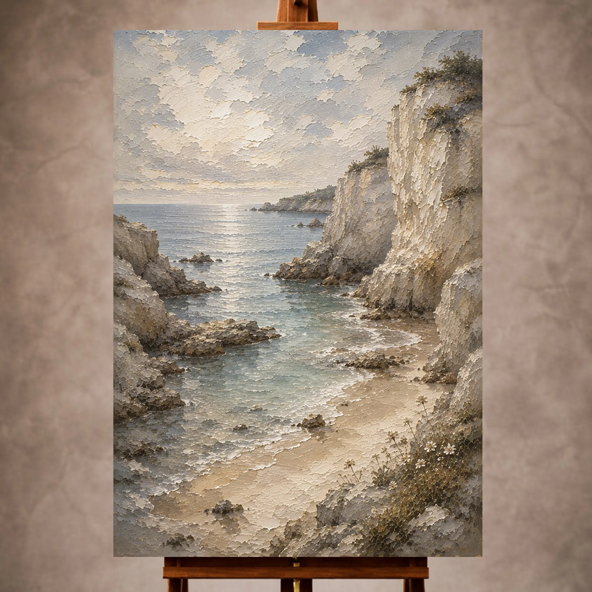 Premium Wall Art Dikey Html Edition – LANDSCPE024 Image 1 Blue gray and ivory timeless Coastal Landscape Wall Art print for elegant interiors. No text or watermarks in design.