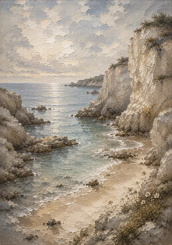 Blue Gray Secluded Cove Coastal Landscape Wall Art Canvas Print