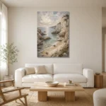 Blue Gray Secluded Cove Coastal Landscape Wall Art Canvas Print styled in a refined neutral interior