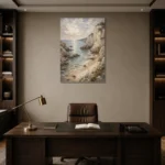 Blue Gray Secluded Cove Coastal Landscape Wall Art Canvas Print displayed in a contemporary gallery-inspired room