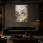 Blue Gray Secluded Cove Coastal Landscape Wall Art Canvas Print shown in a warm modern interior