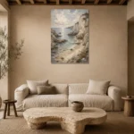 Blue Gray Secluded Cove Coastal Landscape Wall Art Canvas Print presented in a sophisticated home setting