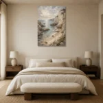 Blue Gray Secluded Cove Coastal Landscape Wall Art Canvas Print showcased in an elegant minimalist interior