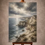 Blue gray and ivory moody Coastal Landscape Wall Art print for elegant interiors. No text or watermarks in design.