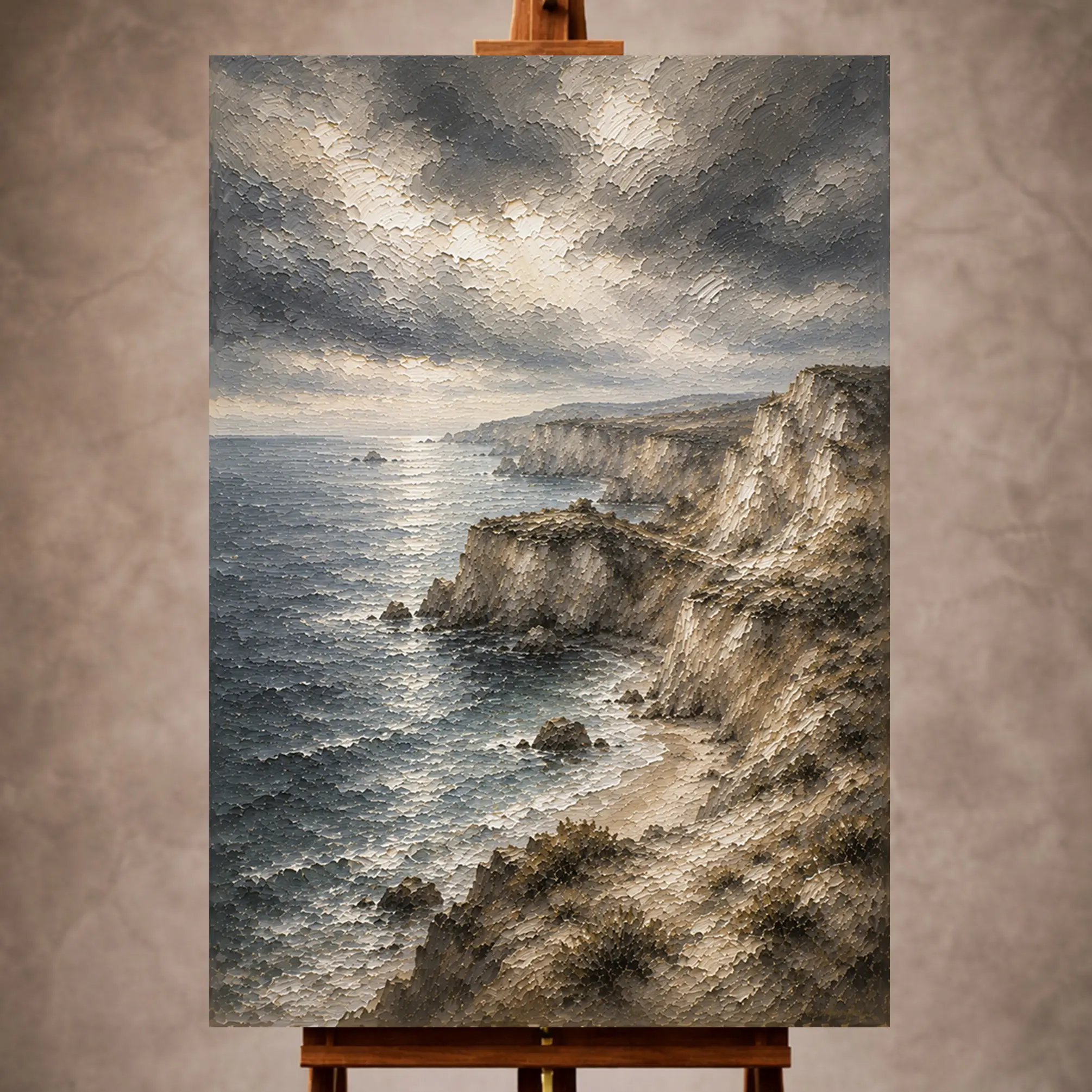 Premium Wall Art Dikey Html Edition – LANDSCPE025 Image 1 Blue gray and ivory moody Coastal Landscape Wall Art print for elegant interiors. No text or watermarks in design.