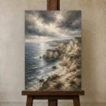 Blue Gray Dramatic Cape Coastal Landscape Wall Art Canvas Print displayed on a studio easel