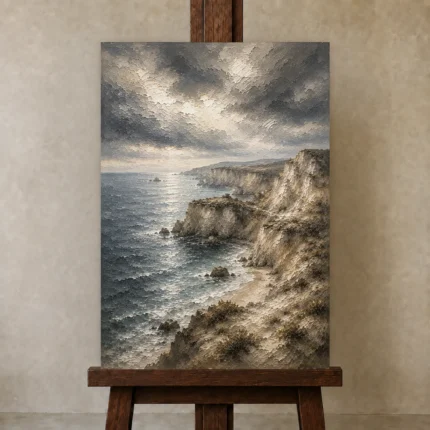 Blue Gray Dramatic Cape Coastal Landscape Wall Art Canvas Print shown in Studio Easel