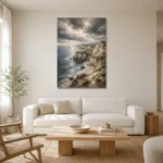 Blue Gray Dramatic Cape Coastal Landscape Wall Art Canvas Print styled in a refined neutral interior