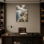 Blue Gray Dramatic Cape Coastal Landscape Wall Art Canvas Print displayed in a contemporary gallery-inspired room