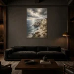 Blue Gray Dramatic Cape Coastal Landscape Wall Art Canvas Print shown in a warm modern interior