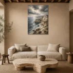 Blue Gray Dramatic Cape Coastal Landscape Wall Art Canvas Print presented in a sophisticated home setting