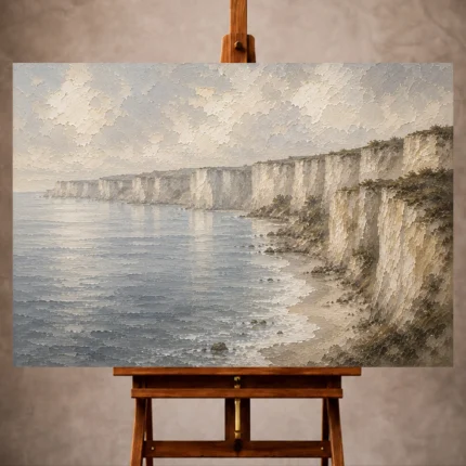 Blue gray and ivory serene Coastal Landscape Wall Art print for elegant interiors. No text or watermarks in design.