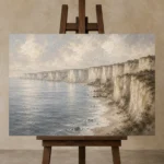 Blue Gray Limestone Coastal Landscape Wall Art Canvas Print displayed on a studio easel