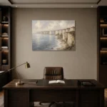 Blue Gray Limestone Coastal Landscape Wall Art Canvas Print displayed in a contemporary gallery-inspired room