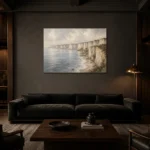 Blue Gray Limestone Coastal Landscape Wall Art Canvas Print shown in a warm modern interior