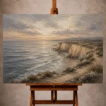 Blue gray and ivory contemplative Coastal Landscape Wall Art print for elegant interiors. No text or watermarks in design.