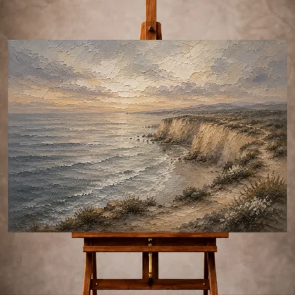 Blue gray and ivory contemplative Coastal Landscape Wall Art print for elegant interiors. No text or watermarks in design.
