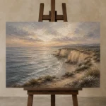 Blue Gray Quiet Headland Coastal Landscape Wall Art Canvas Print displayed on a studio easel