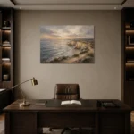 Blue Gray Quiet Headland Coastal Landscape Wall Art Canvas Print displayed in a contemporary gallery-inspired room