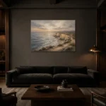 Blue Gray Quiet Headland Coastal Landscape Wall Art Canvas Print shown in a warm modern interior