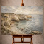 Blue gray and ivory timeless Coastal Landscape Wall Art print for elegant interiors. No text or watermarks in design.