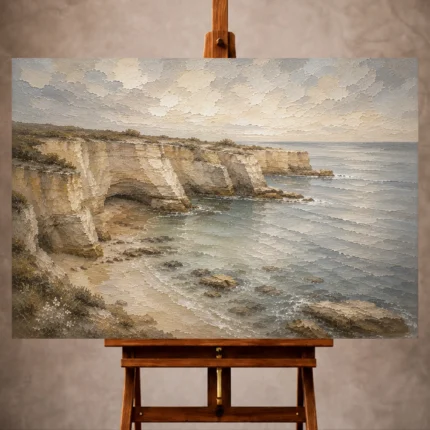 Blue gray and ivory timeless Coastal Landscape Wall Art print for elegant interiors. No text or watermarks in design.