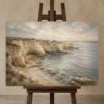 Blue Gray Sandstone Cove Coastal Landscape Wall Art Canvas Print displayed on a studio easel
