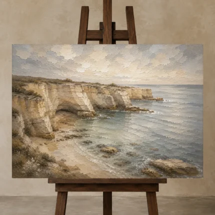 Blue Gray Sandstone Cove Coastal Landscape Wall Art Canvas Print shown in Studio Easel