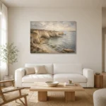 Blue Gray Sandstone Cove Coastal Landscape Wall Art Canvas Print styled in a refined neutral interior