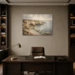 Blue Gray Sandstone Cove Coastal Landscape Wall Art Canvas Print displayed in a contemporary gallery-inspired room