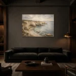 Blue Gray Sandstone Cove Coastal Landscape Wall Art Canvas Print shown in a warm modern interior